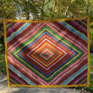 Trip Around the World Multicolor Quilt Set Amish Hand Quilted Full Queen 2 Shams